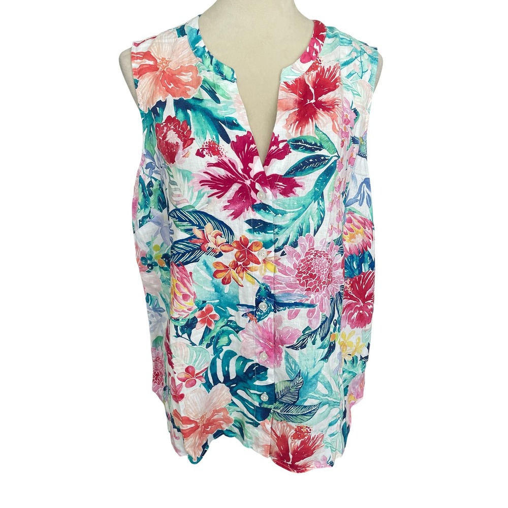 Tommy Bahama Women Floral Linen Top L Perfectly Paradise Resort Coastal Tropical
